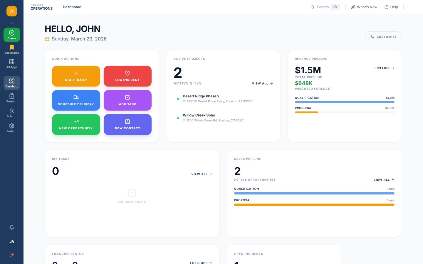 CandelaOps Dashboard — configurable widgets showing project status, tasks, and field operations