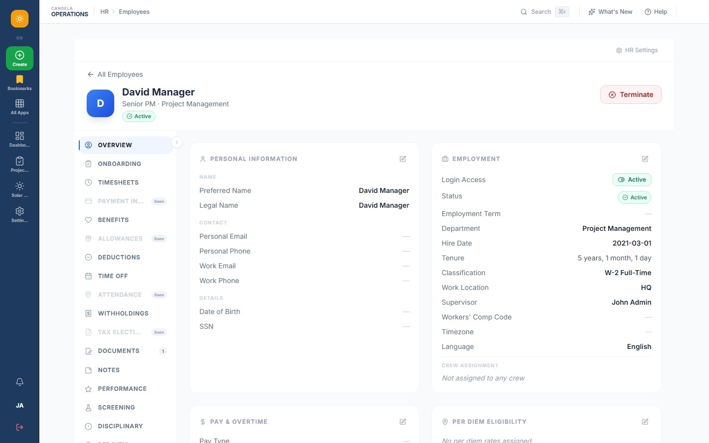 Employee management screen
