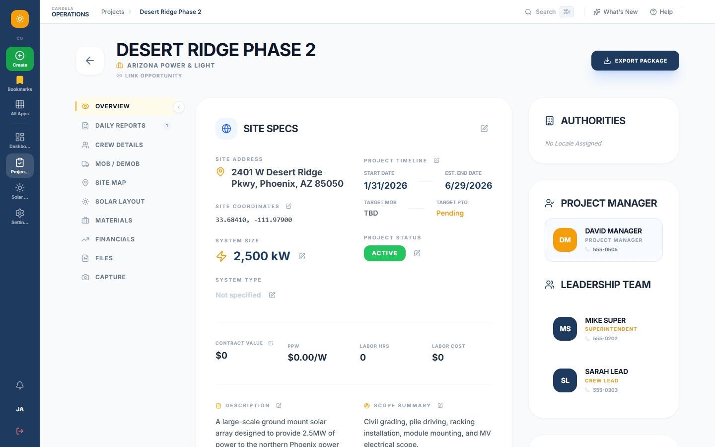 Project management view showing project cards with status indicators
