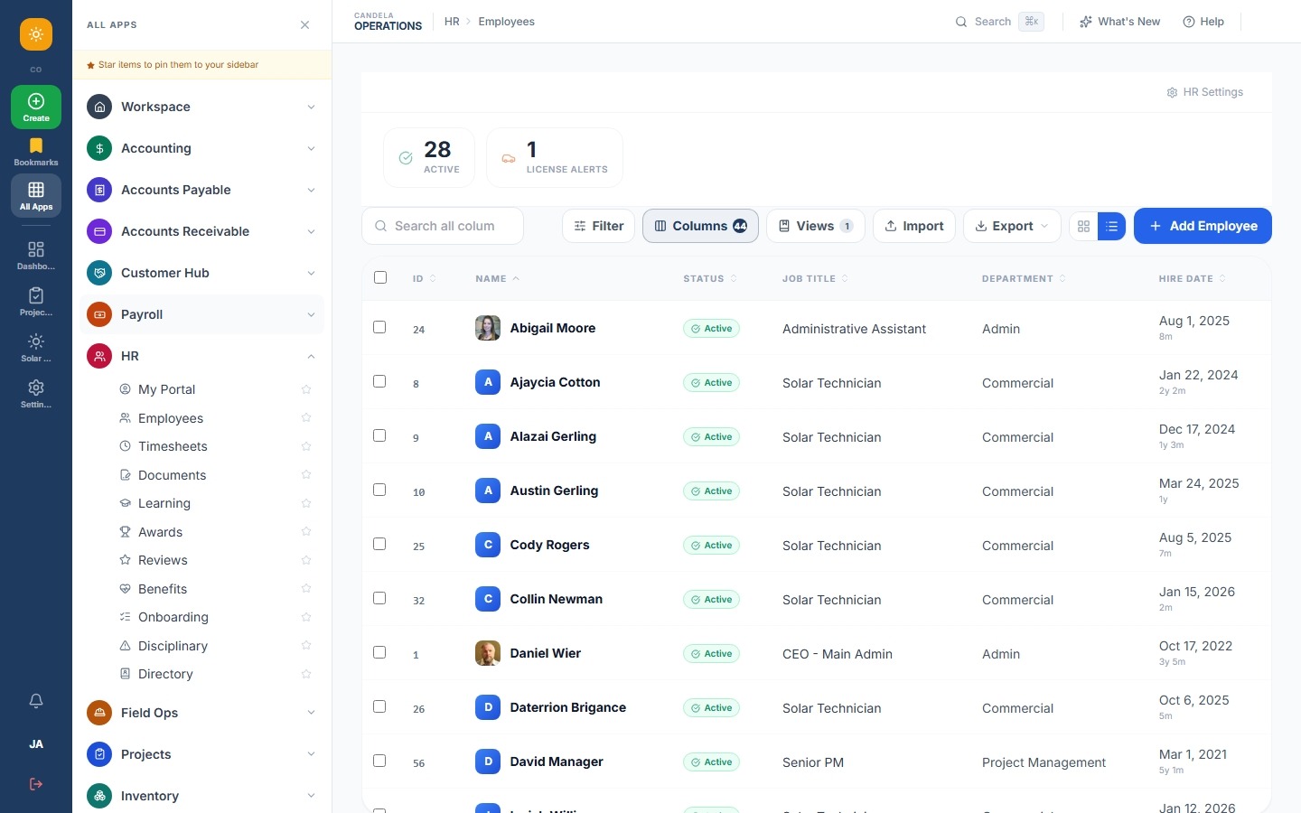 Employee detail view showing personal info, certifications, and assignment tabs
