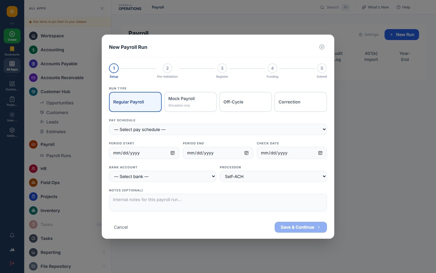 Payroll wizard showing calculation summary with earnings breakdown